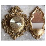 2pc Vntg Golden Clock & Mirror Shelf
