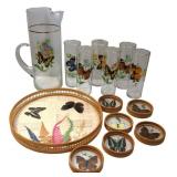 Vntg Bamboo Butterfly Tray w/Butterfly Glasses