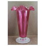 Cranberry Crimped Ruffled Blown Glass Vase