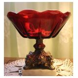 Vintage Ruby Red Brass Pedestal Marble Base Bowl