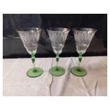 3 Uranium Etched Wine Glasses