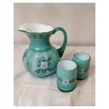 Fenton Green Glass Pitcher & 2 Glasses