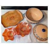 Carnival Glass, Stoneware & Tray