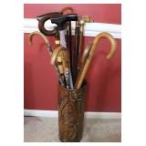 Hand Carved & Other Canes In Stand