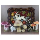 Vtg Bunny Tray w/ Bunny & Mushroom Decor