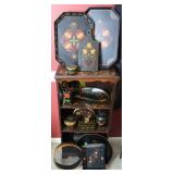 Wooden Shelf w/ Vintage Tole Painted Decor