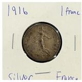 1916 Silver France 1 Franc