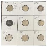 9pc Different 1890s Liberty V Nickels