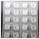 10pc 1935-E Consecutive Serial # UNC Silver Certif
