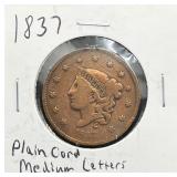 1837 Plain Cord Medium Letters Large Cent