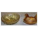 Vintage Amber Glass Hen Lidded Dish w/ Bowl