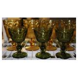 7pc. Vtg Depression Green/ Amber Glass Goblets