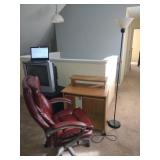 Small Desk, Office Chair. Floor Lamp