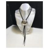 Silver Bolo Tie Round Tooled Medallion