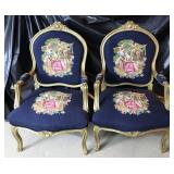 2pc French Vntg Needlepoint Upholstery Chairs