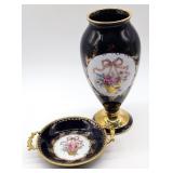 2pc French Limoges Castel Cobalt Vase & Trinket Di