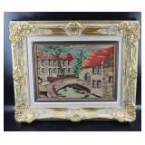 Vintage European Village Needle Point Framed