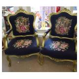 2pc French Vntg Needlepoint Upholstered Chairs