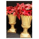 2 Plastic Gold Pedestal Vases w/ Red Holly Flowers