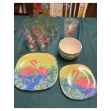Flamingo Plates, Bowls & Vintage Glasses