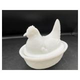 Vintage Milk Glass Hen on Nest with Chicks