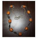 Vtg Silver Tone Necklace w/ Orange Barrel Beads