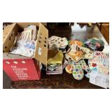 Large box of vintage dishtowels and more