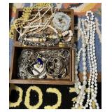 Vintage Carved Wood Jewelry Box & Jewelry