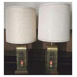 Pair of Brass/Glass/Wood Lantern Style Lamps