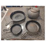 3 Cast Iron Skillets, 1 Kettle