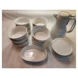 White Carafe, 12 White Bowls w Lids