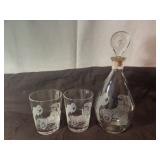 Vintage Burbon Etched Decanter and Glass Set