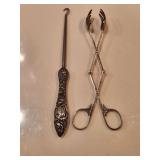 Silver Scissor Tongs and Button Hook
