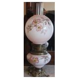 Vtg Hand Painted Brass Base Hurricane Style Lamp