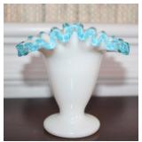Vtg Fenton Style Blue/ Milk Glass Ruffled Vase