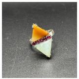 Sterling Polished Stone & Gemstone Ring Sz7