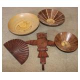 Collection of Wooden Bowls, Hanging Owl, & Fan Box