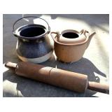 Wood Roller, Pottery Tea Pot & Bean Pot