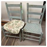 2pc Vintage Ladder Back Blue Painted Dining Chairs