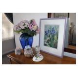 Blue Vase, Signed Painting Framed, & Misc Decor