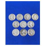 10 Silver Washington Quarters - varied dates