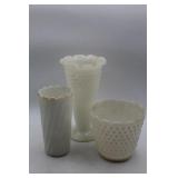 2 Vintage Hobnail Milk Glass Vases & 1 Vintage