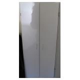 White Pressboard Storage Shelf w/ Contents White Pressboard Storage Shelf w/ Contents