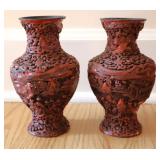 2pc Red Cinnabar Style Carved Bud Vases 2pc Red Cinnabar Style Carved Bud Vases
