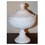 Fenton Style Milk Glass Footed Candy Dish w/ Lid
