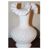 Fenton Style Milk Glass Hobnail Ruffle Vase