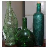 Vtg Fish, Green Glass, Blue Bubble Glass Bottles