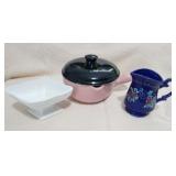 Pink and Black Pan/Blue Pitcher/Glass Candy Dish