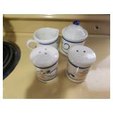 Blue/White Pottery Sugar, Creamer, Salt/Pepper