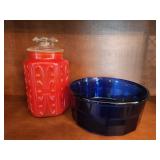 Cobalt Blue Bowl and Red Kitchen Canister